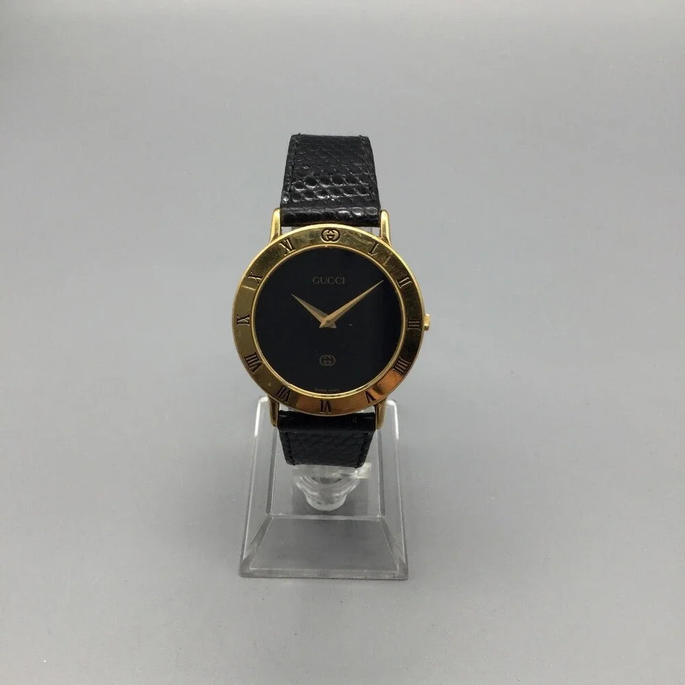Gucci Black Dial Gold-Tone Roman Numeral Leather Strap Watch - Picture 2 of 14